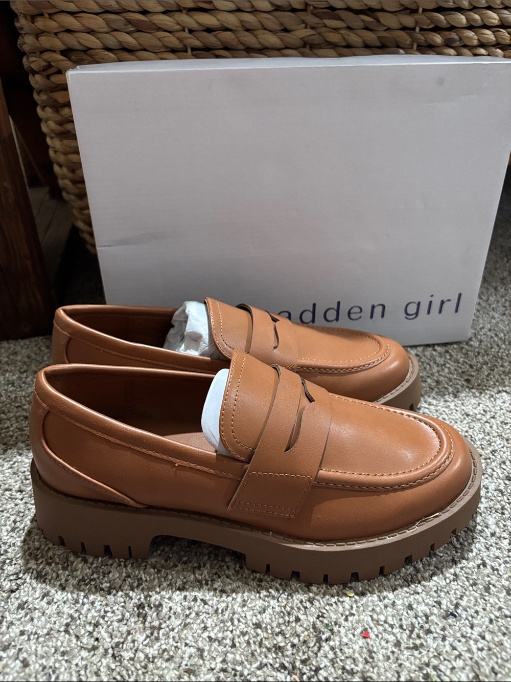 Madden Girl Cognac Brown Chunky Penny Loafers